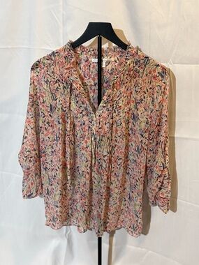 LC Lauren Conrad Pink Multi Floral Pleated V-Neck Blouse